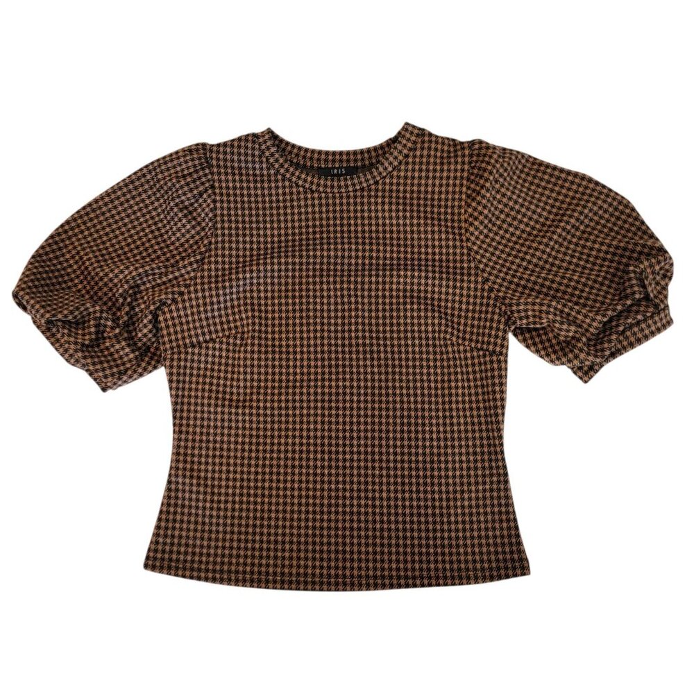 Iris Brown Houndstooth Puff Sleeve Top